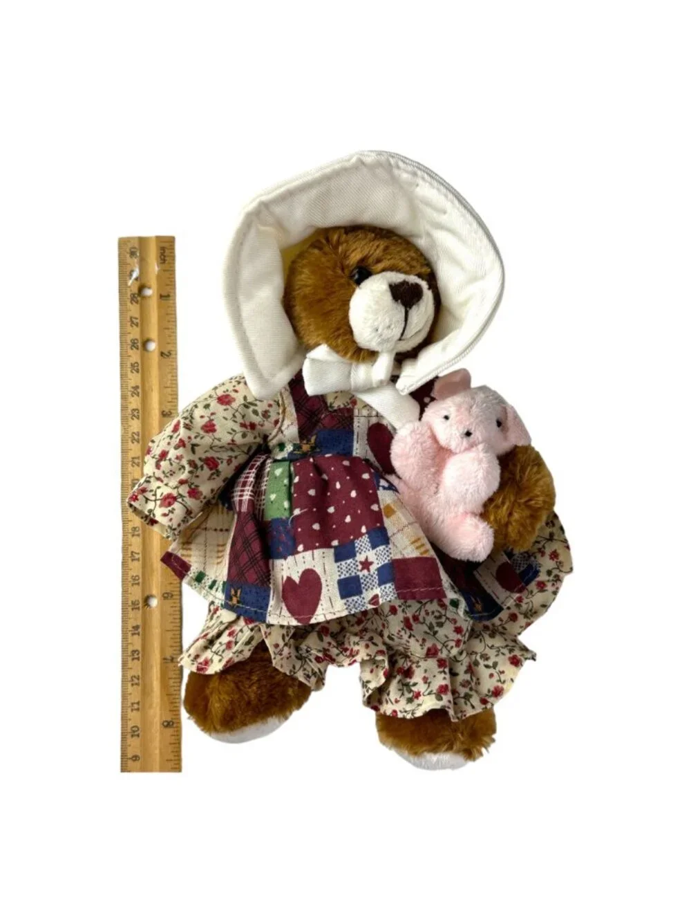 Stuffed Animal Plushland Brown Teddy Bear Dressed In Floral & Patchwork Dress Ho